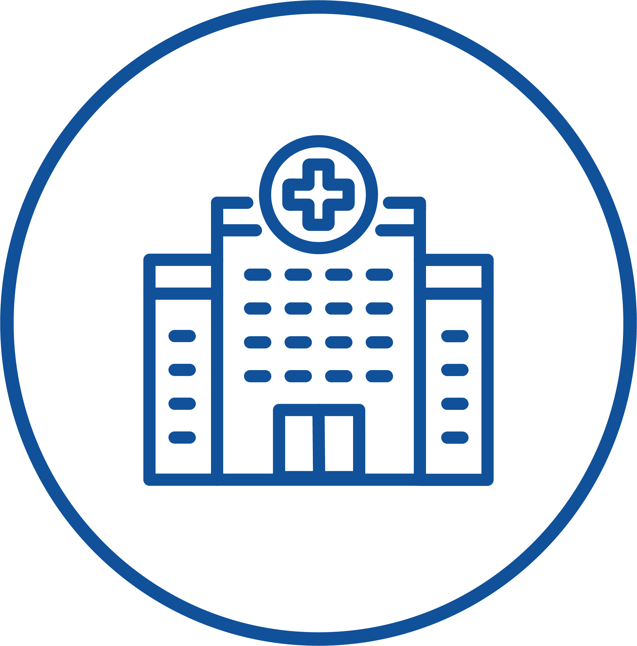 Blue circle around a blue hospital. 