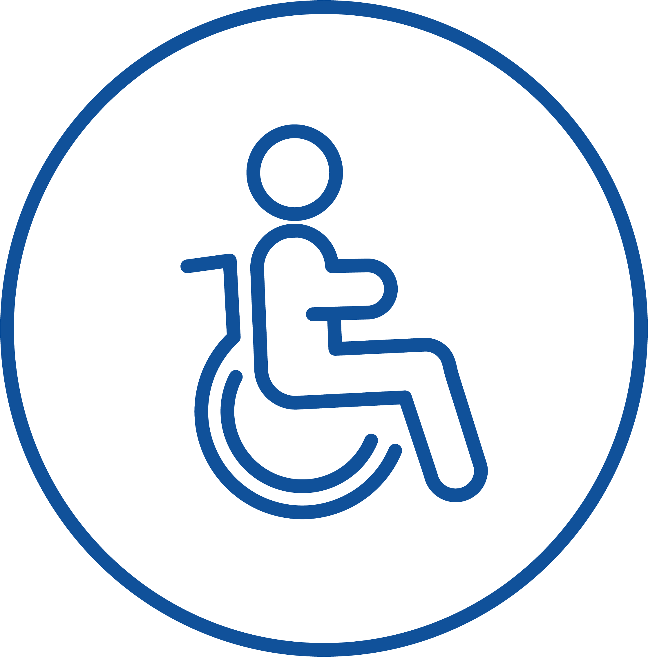 Blue circle around a blue person in a wheelchair. 
