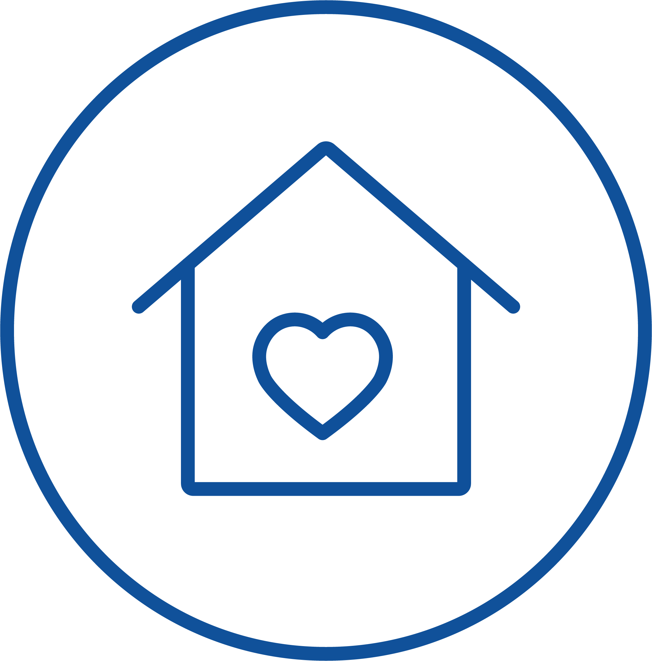 Blue circle around a blue house with a heart in the middle. 